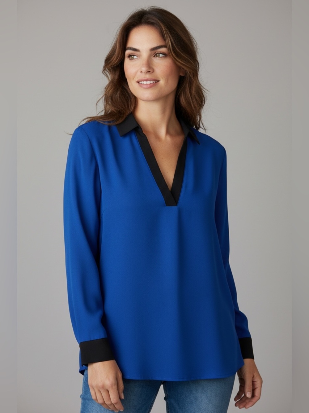 Karl Lagerfeld V-Neck Royal Blue Collar Long Sleeve Top Size XS NWT